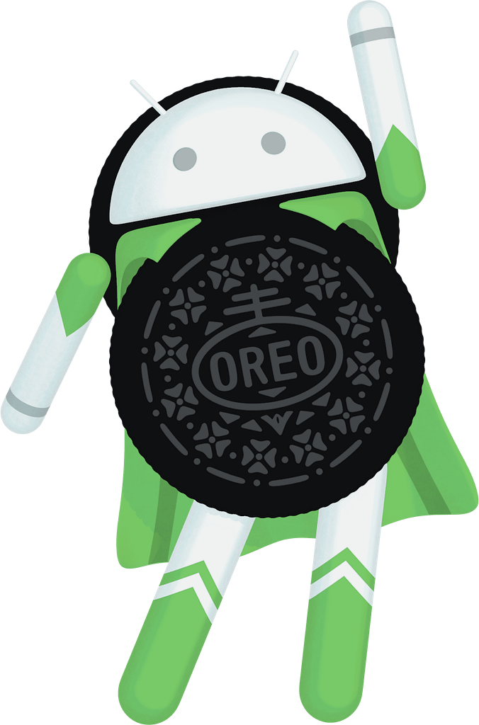 Logo de Android 8.0 - Es un androide disfrazado de superheroe con una Oreo como traje.